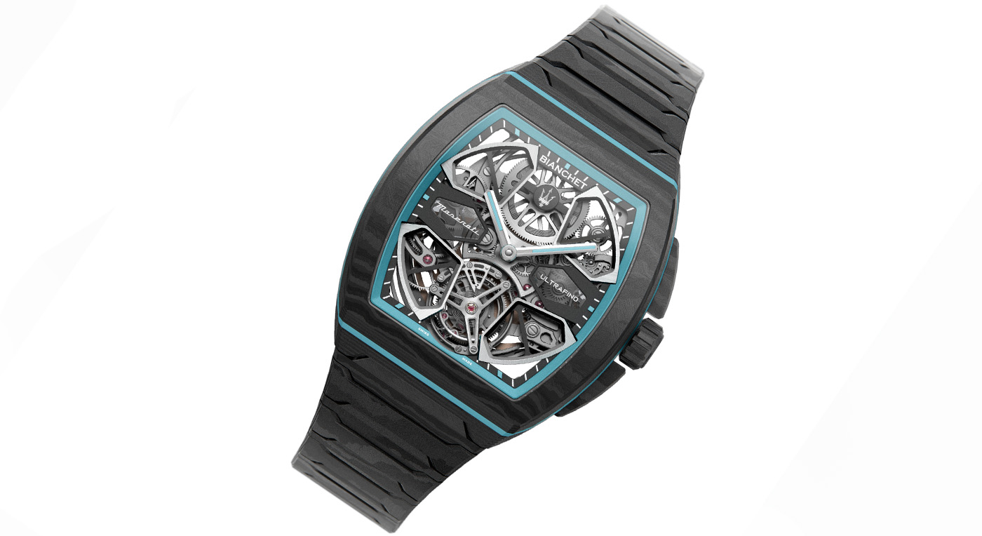 Luxury UltraFino Maserati Flying Tourbillon watch with a black angular case, skeleton dial showcasing intricate gears, and blue accents. The sleek black strap enhances its modern, sophisticated design.